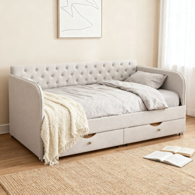 Twin Size Upholstery Daybed with Trundle Bed and Two Storage Drawers,Flat Arms with Pocket