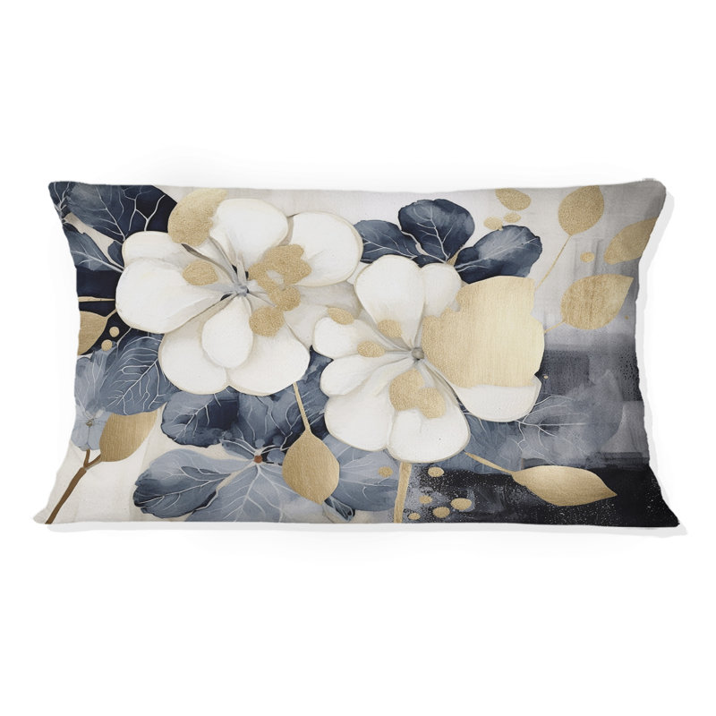 Coussin décoratif à imprimé floral blanc or et hortensias II