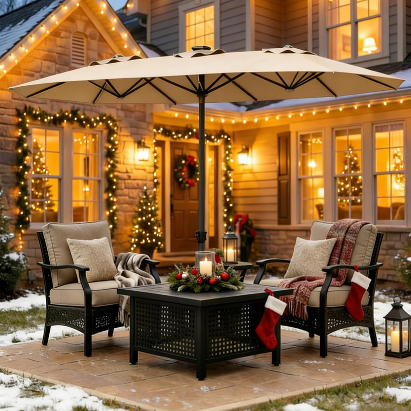 Grand parasol de patio de 15 pi avec base incluse, parasol de terrasse pour l'extérieur avec poignée à manivelle, parasol rectangulaire double face pour l'extérieur, le marché, le patio