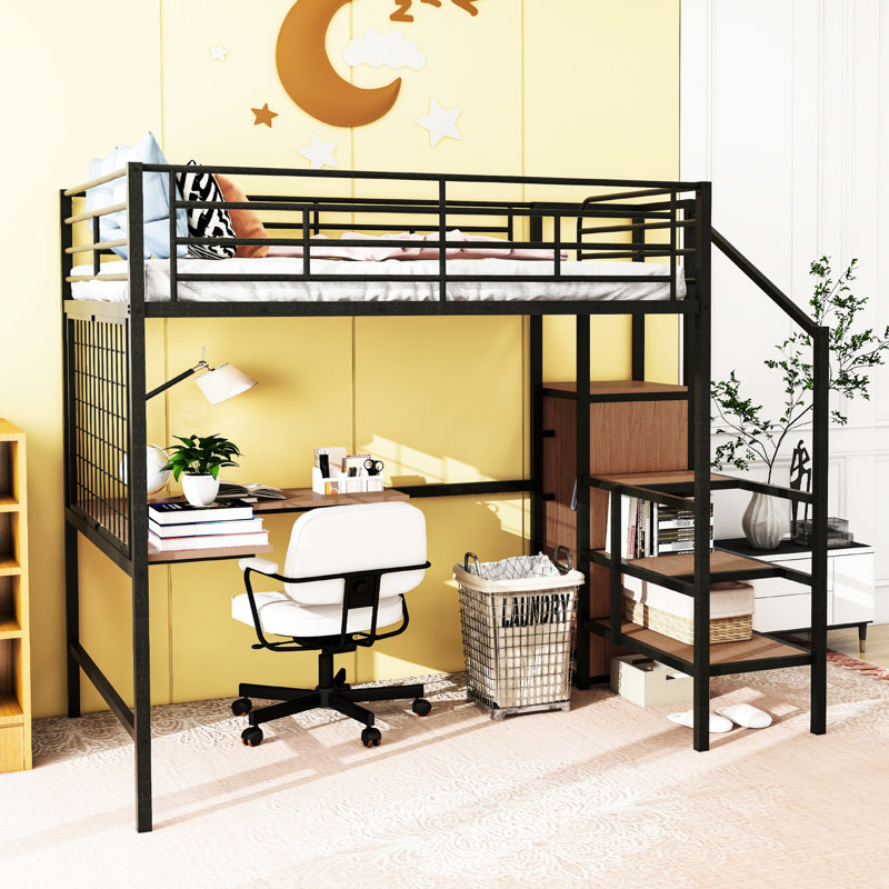 Metal Loft Bed With Desk And Grid, Space Shelves Full Size & Grid In Black. Robust Bedroom Item. Space Saving Lateral Wardrobe Shelving. Versatile L-Shape Reading Desk. 94.1"L X 56"W 67.9"H. Mattress