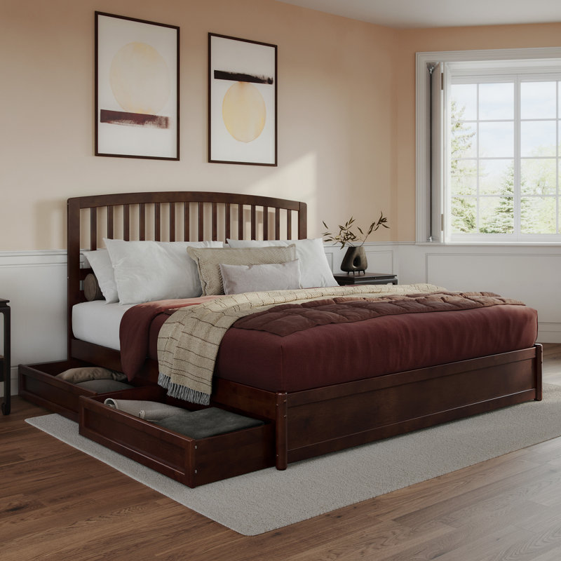 Lamari Solid Wood Storage Platform Bed with Footboard & Under Bed Drawers, King, Walnut