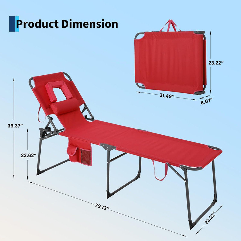 4pcs Folding Tanning Chair with Face Hole, 5-Position Adjustable Backrest, Portable Beach Lounge Chair with Pillow & Side Pocket for Backyard, Poolside, Patio