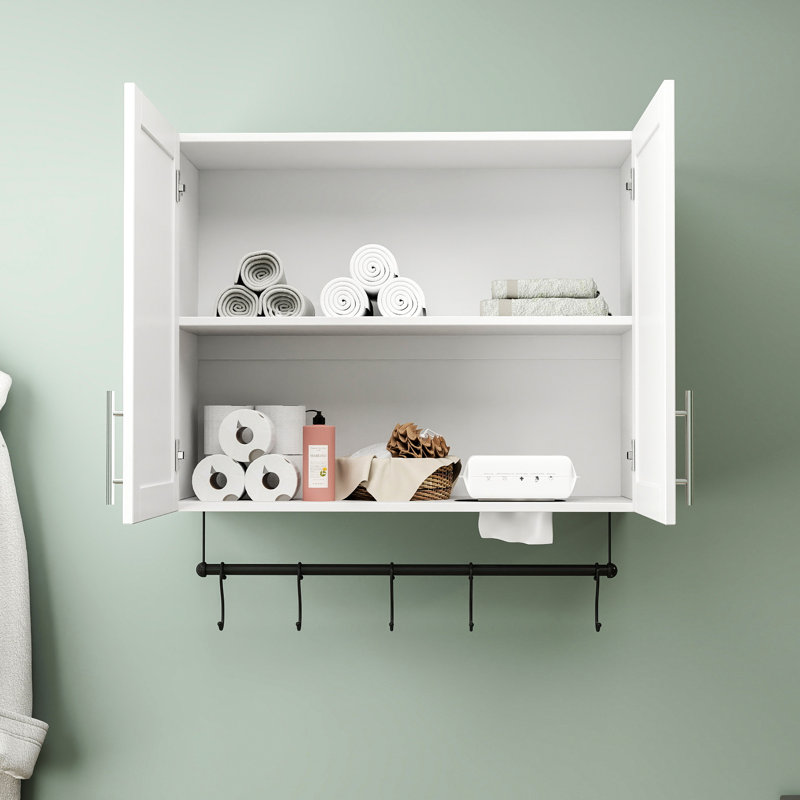 Rangement au-dessus de la toilette, armoire murale, blanc, tablette réglable, barre à serviettes, 5 crochets, panneau de particules, armoire de rangement blanche - panneau de 15 mm et 3 m, 32,09 x 11,64 x 30,55 po