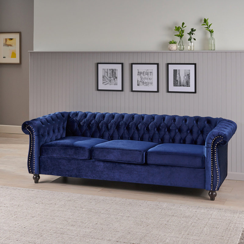 Canapé Chesterfield Marcel, Polyester bleu minuit