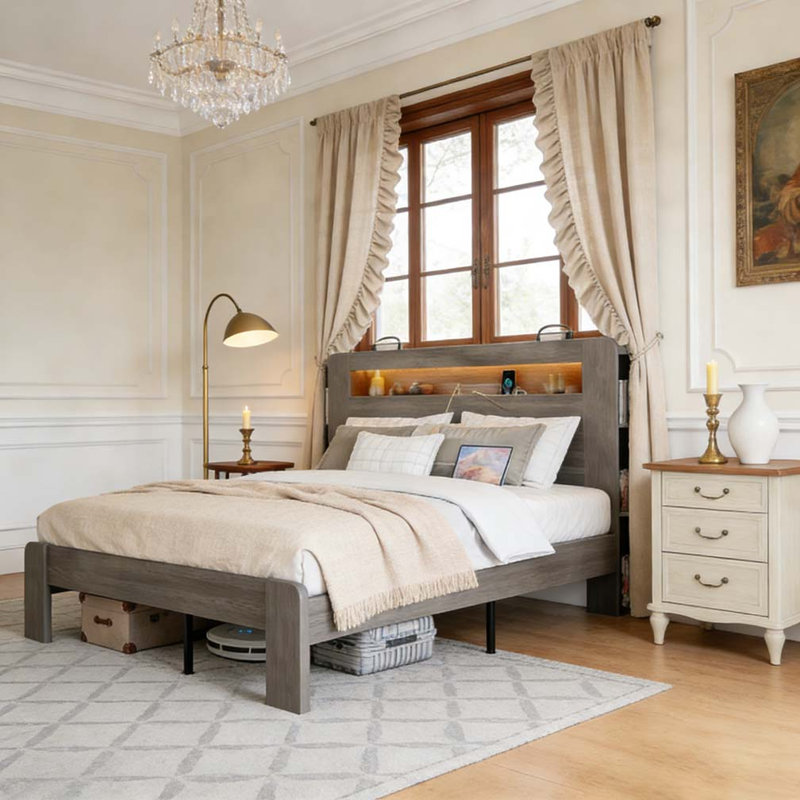 Structure de lit double, structure de lit plateforme en bois avec tête de lit à DEL avec rangement et 2 ports USB