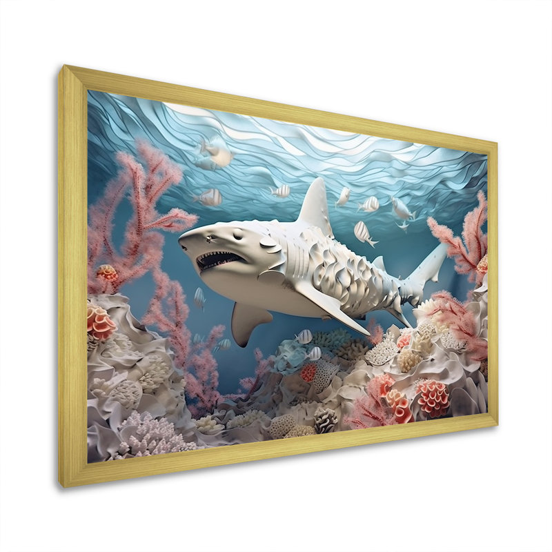 " Coral And Sharks Collage Symetry ", Gold Single Picture Framed, 16" H x 32" W x 1" D