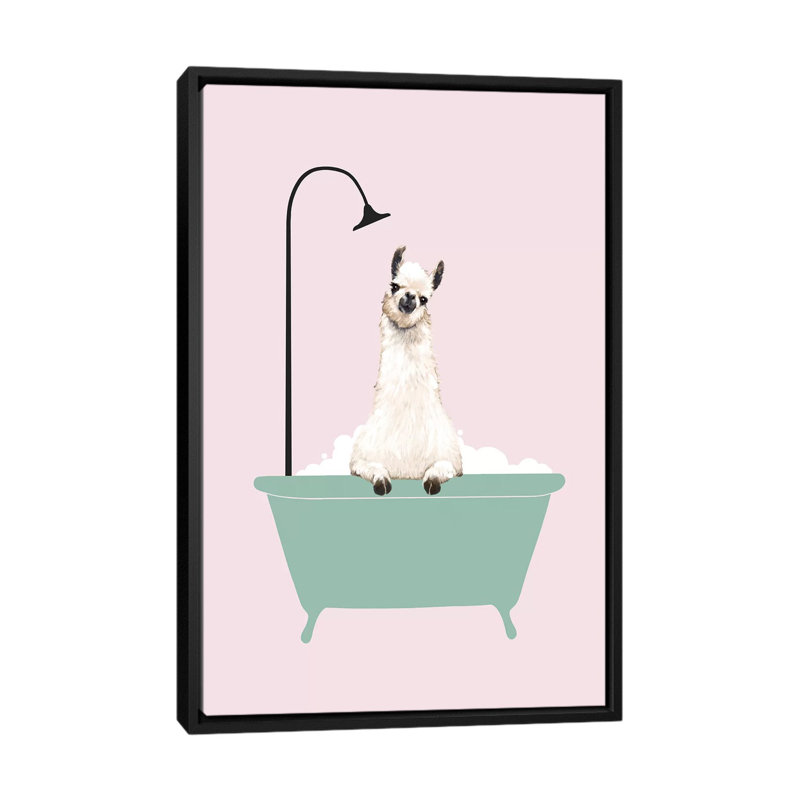 Lama profitant d'un bain moussant, Toile avec cadre noir, H 48 po x l 32 po x P 1,5 po