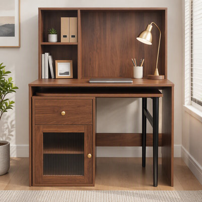 Computer Desk with glass door for Home Office or Study desk,  Bookshelf & Hutch, Computer Desk with 90 Degree Rotating Desktop,Large Working Space