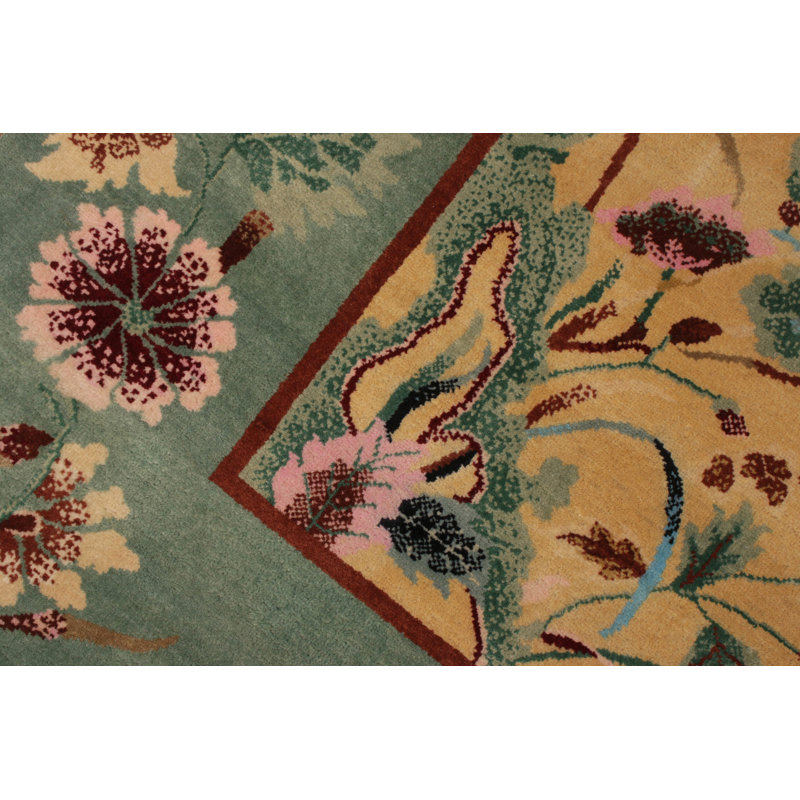 Rug & Kilim’S Chinese Style Art Deco Rug In Green And Beige-Gold Floral Pattern, Rectangle 6' x 9'