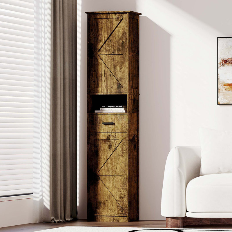 Armoire de rangement de 69 po de hauteur avec 2 portes de grange et 1 tiroir, unité de rangement étroite, tablettes réglables, armoire de plancher pour la salle de bain, le salon, le vestibule et la cuisine