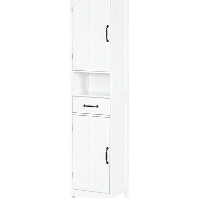 Armoire de rangement mince pour linge de salle de bain - Armoire haute avec tablette ouverte, tiroir, portes encastrées et étagères réglables, étagères blanches pour
