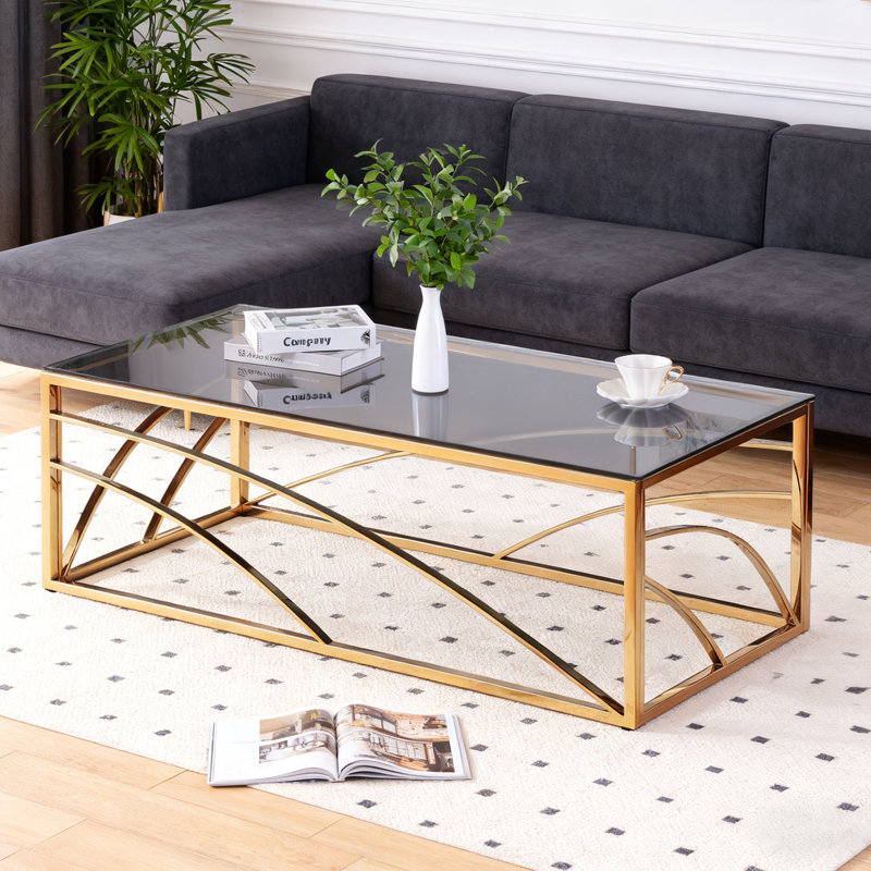 120cm Luxury Modern Tempered Glass Coffee Table with Stainless Steel Frame for Living Room, Smoke Grey/Gold