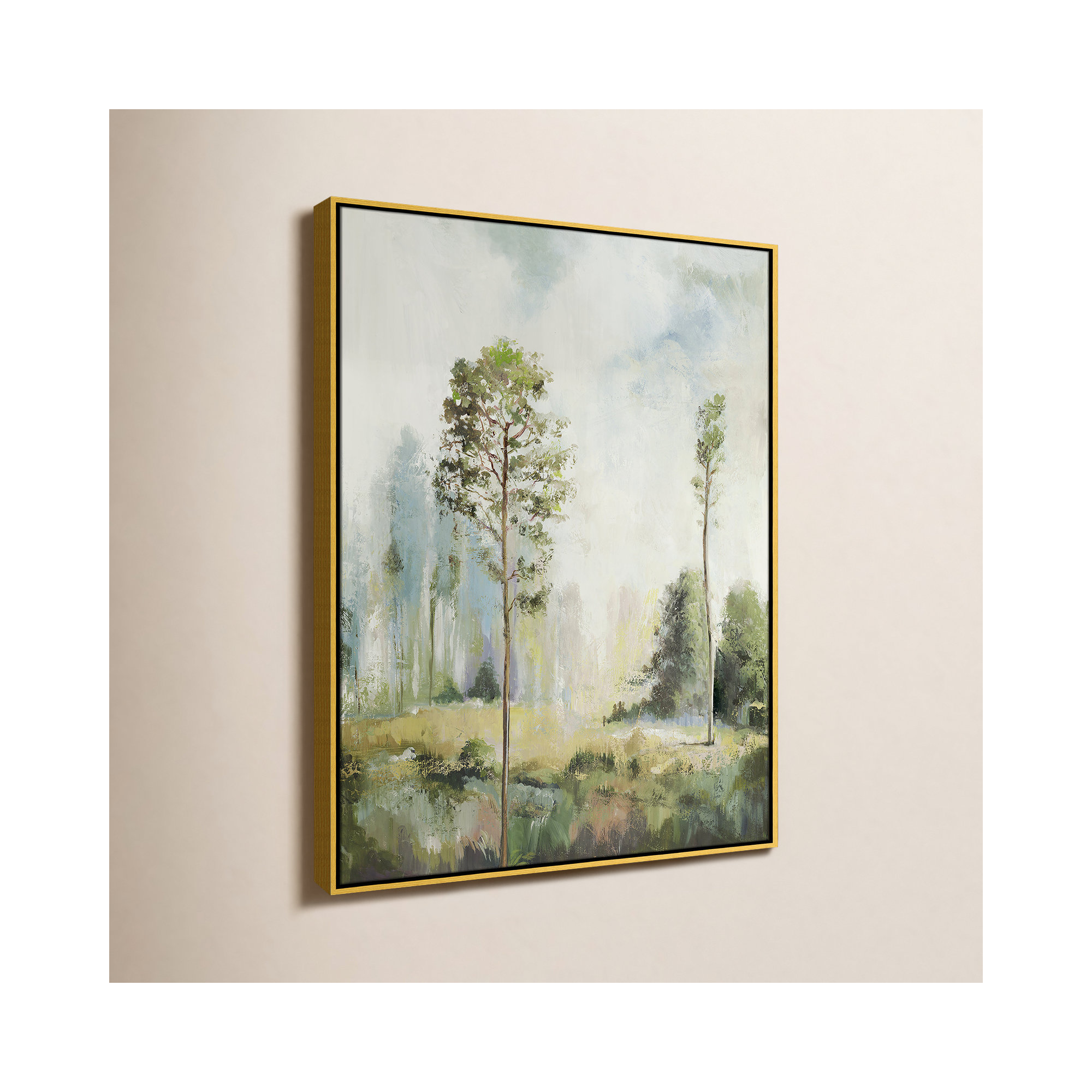 Tall Green Trees I by Teton Pearce - Floater Frame Print on Canvas, 41.5" H x 31.5" W, Gold