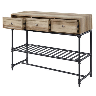 Oak And Sandy Black Industrial Table, With Practical Drawers A Stable Base Modern Table Metal Frame Functional Drawers, In