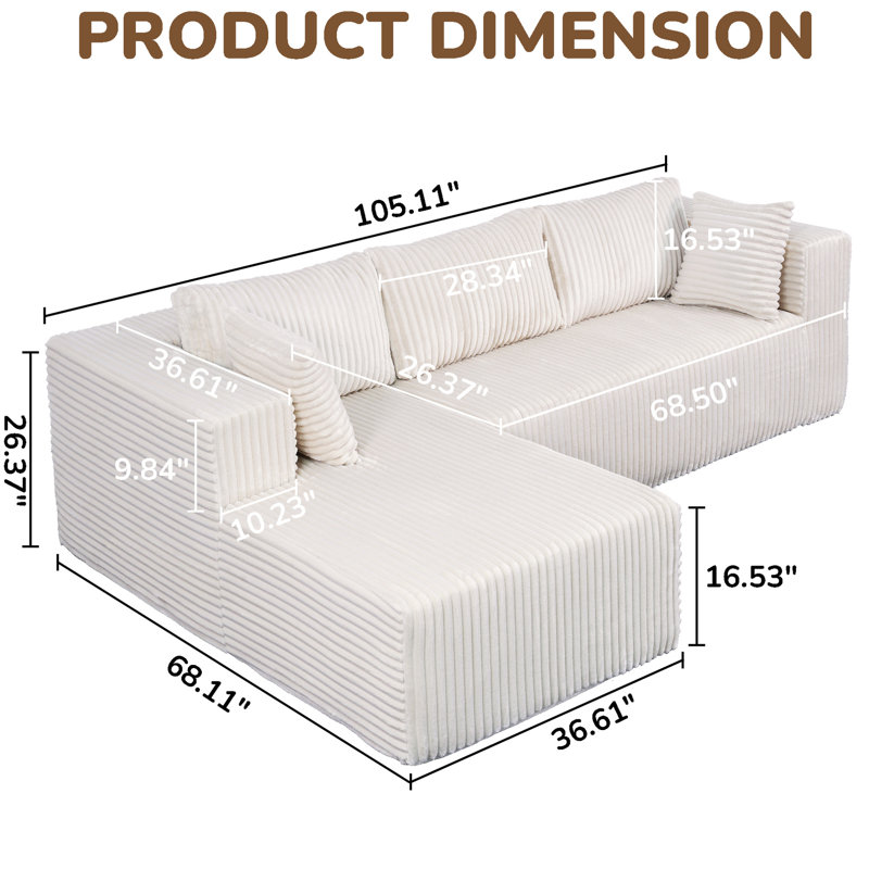 105 po en forme de L, tissu en velours côtelé, rembourrage en mousse à mémoire de forme, chambre à coucher et salon, petits espaces, ressorts, sans danger pour les animaux de compagnie, mousse haute, adaptation de la posture, structure affaissée, comprimé, peu encombrant, odeur,