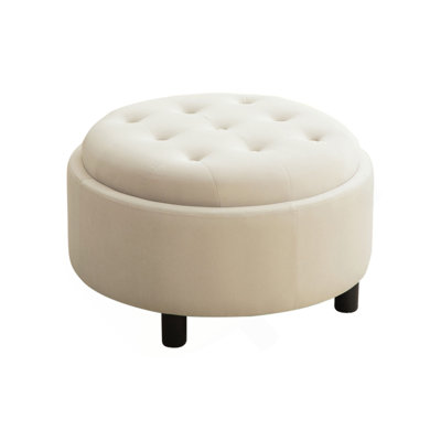 Upholstered Round Ottoman With Reversible Lid, Fleece Fabric Storage Stool, Hand-pulled buckle decoration Design Footstool for Living room, Bedroom and Office