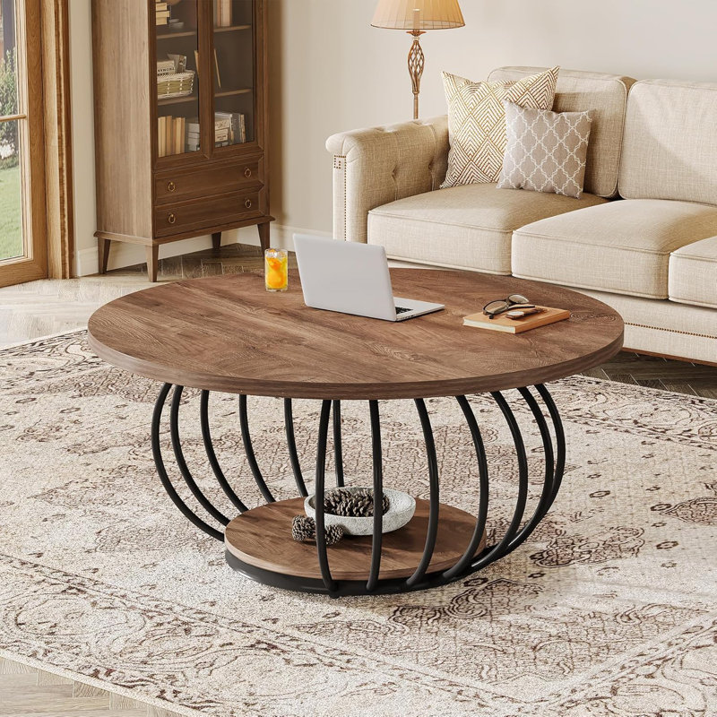 Table basse ronde 39,4 "avec tablette Storge, table centrale pour le salon, Brun / Noir