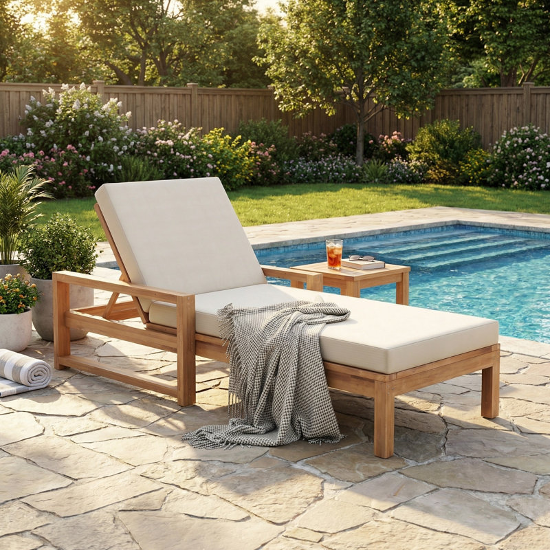 Outdoor Lounge Chairs, Acacia Wood 5-Position Patio Chaise Lounge with Cushion & Adjustable Backrest, Pool Lounge Chairs for Backyard, Lawn