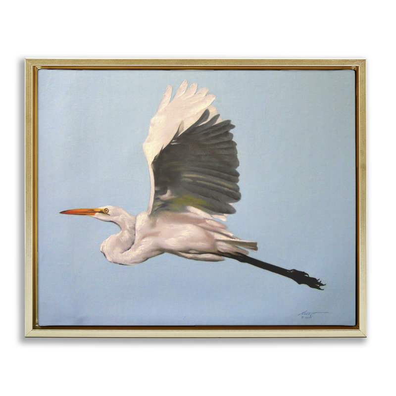 «Graceful Egret Flying Canvas» par D. Rust, H 17 po x l 21 po, Cadre flottant métallique doré