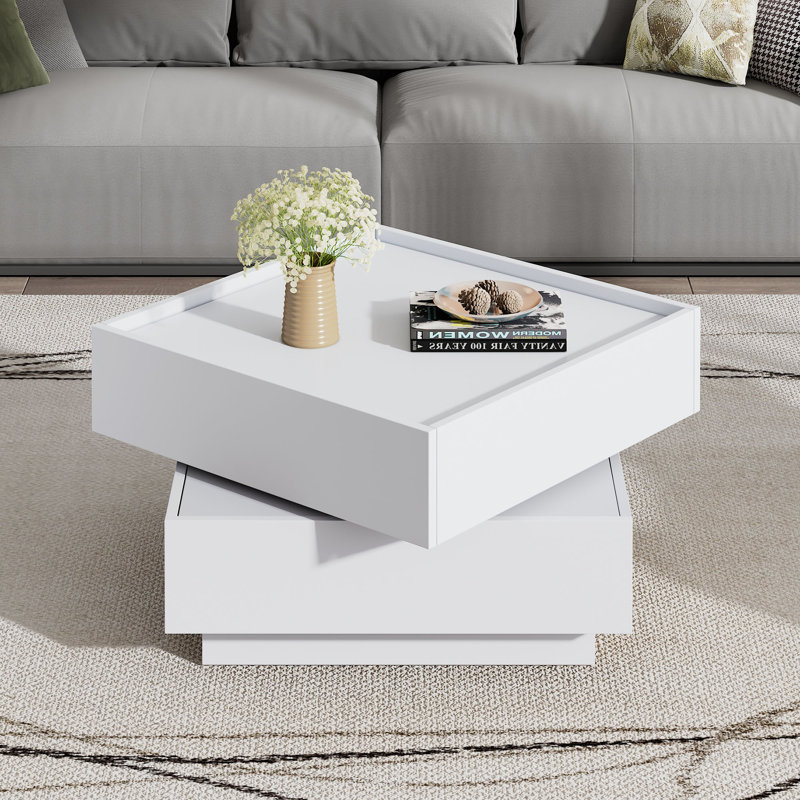  Rotating Coffee Table with Swivel Top and Hidden Storage, 2-Tier Modern Center Table with Drawers, Oak, White