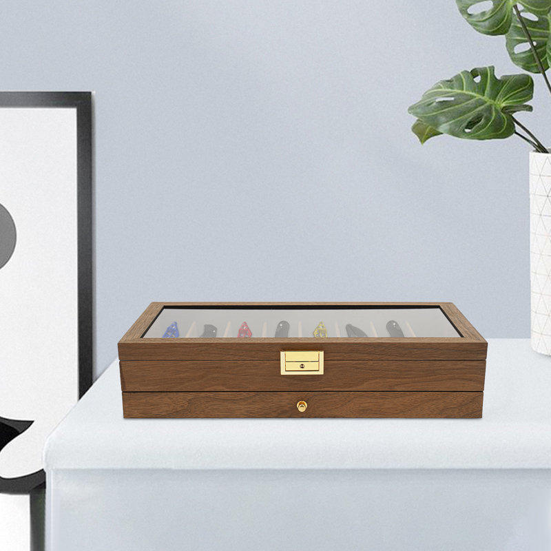 2-Tier Knife Display Case with Clear Glass Lid, Brown