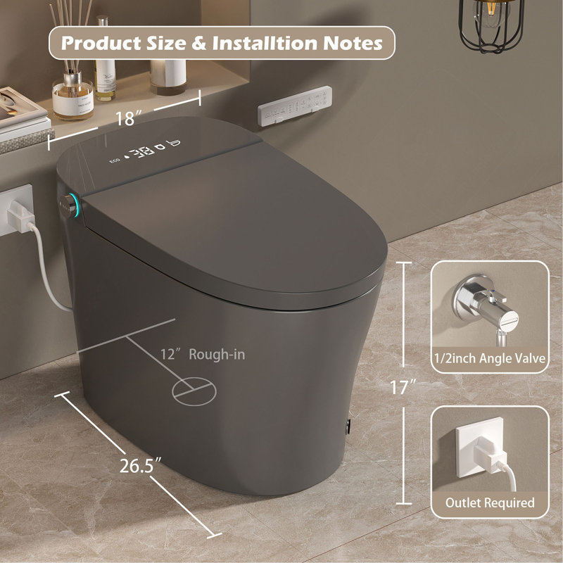 Toilette intelligente avec bidet intégré, toilette à ouverture et fermeture automatique à une pièce ADA, siège chauffant, lavage avant et arrière, affichage à DEL, veilleuse, installation brute de 12 po