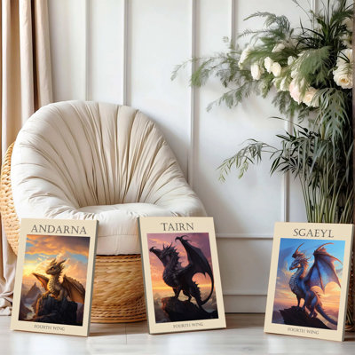 3PCS Wall Arts Posters Framed, Fourth Wing Dragon Canvas Wall Art Set of 3 Andarna Tairn Sgaeyl Fantasy Dragon Decor for Home Living Room Bedroom Office Modern Decorative Painting Prints