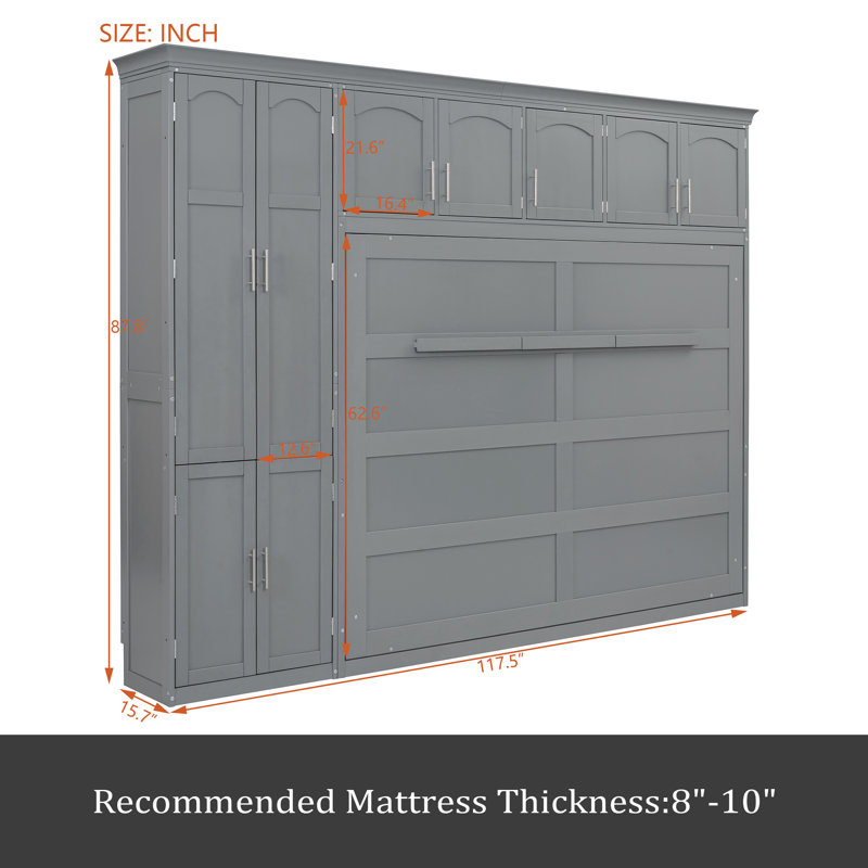 Grand lit escamotable mural avec armoires, gris