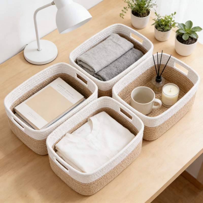Woven Storage Baskets 4-Pack With Handles, Foldable Fabric Organizer Bins For Shelves, Closet, And Home Organization, Natural Cotton Material