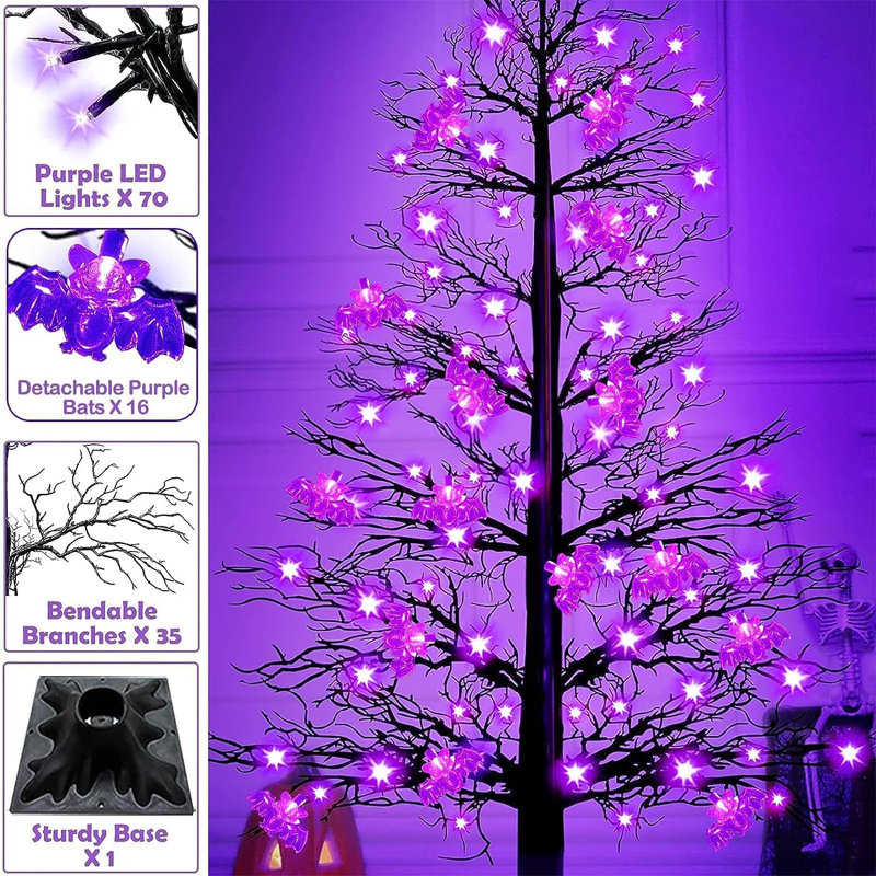 [Timer] 4Ft 70 LED Halloween Black Tree Decoration With Purple Lights & 16 DIY Bat Artificial Halloween Spooky Tree Waterproof Battery Operated Lighted Tree For Outdoor Indoor Yard Garden