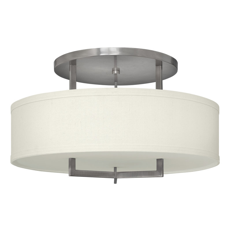 Hampton 3 - Light Shaded Drum Semi Flush Mount, Incandescent, 14.5" H x 26" W x 26" D, Antique Nickel