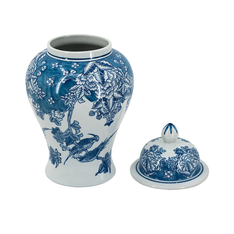 Vase décoratif classique en porcelaine bleu et blanc avec motif floral et oiseau, H 15,2 "avec couvercle