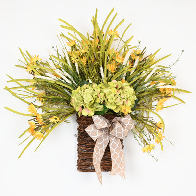24" Artificial Spring Summer Greenery Grass Hydrangea Daisy Floral Wreath Front Door Swag With Woven Wicker Basket And Decorative Bow