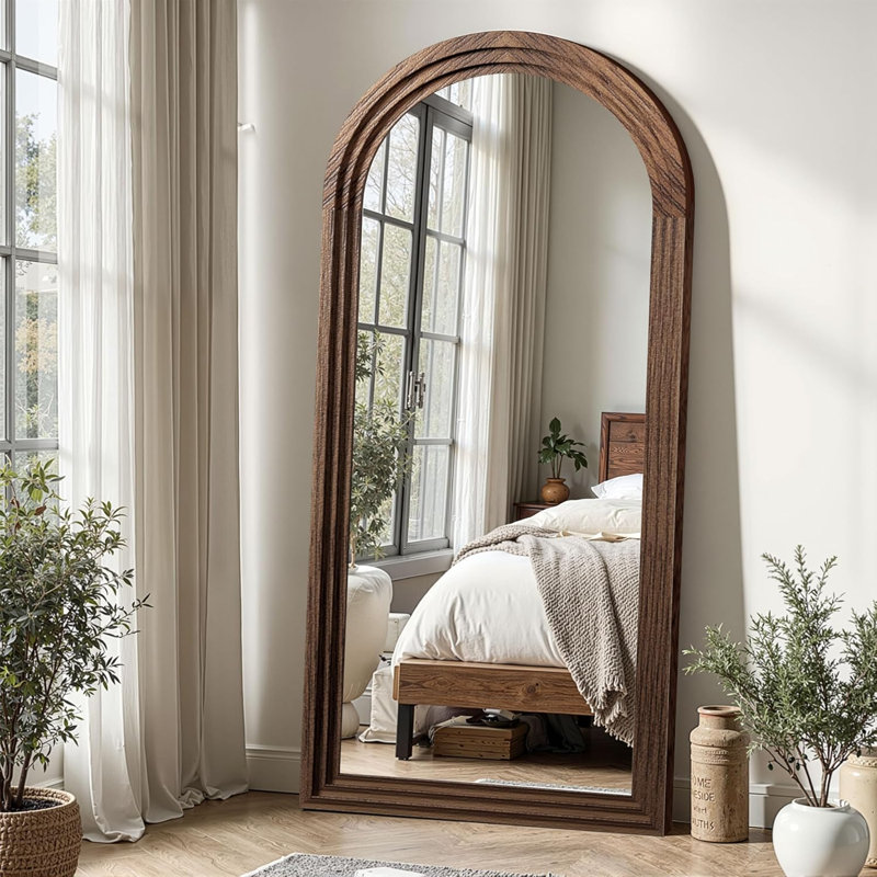 Miroir sur pied arqué en bois naturel, 55 x 24 pouces, Tan