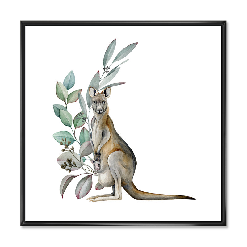 Kangourou avec feuilles d'eucalyptus - Peinture sur toile, H 36 po x l 36 po x P 1 po, Cadre flottant noir
