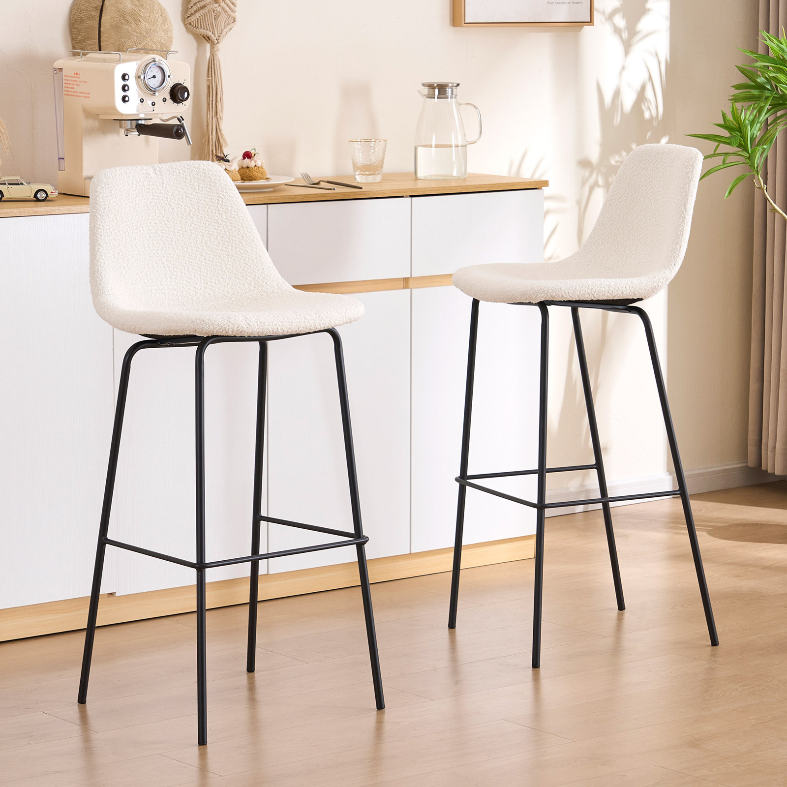 Kavi Upholstered Barstools, White Boucle, Bar Stool (30" Seat Height)