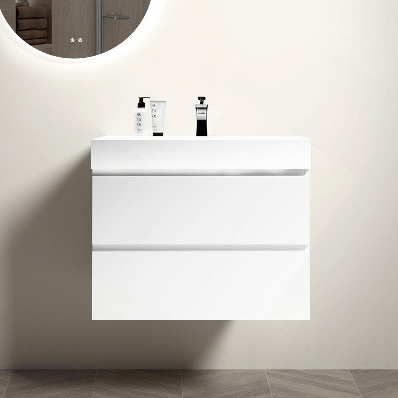 Meuble-lavabo de salle de bain avec lavabo, grand meuble-lavabo flottant mural pour salle de bain moderne, lavabo une pièce sans drain ni robinet, pré-assemblé