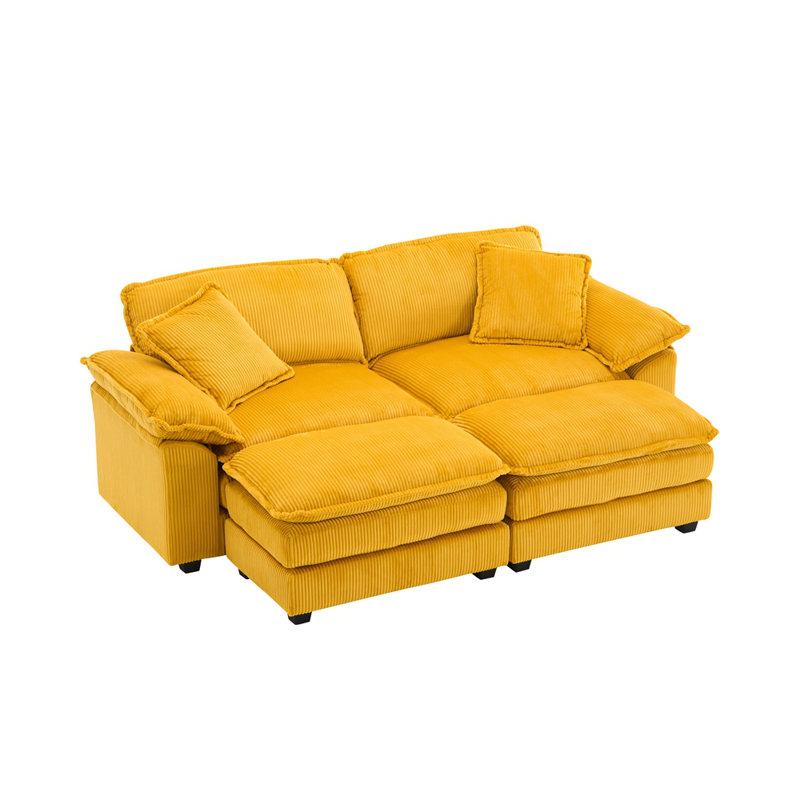 Canapé en velours côtelé 2 places avec 2 coussins de dossier, 2 coussins décoratifs et deux repose-pieds, Canapé confortable pour salon