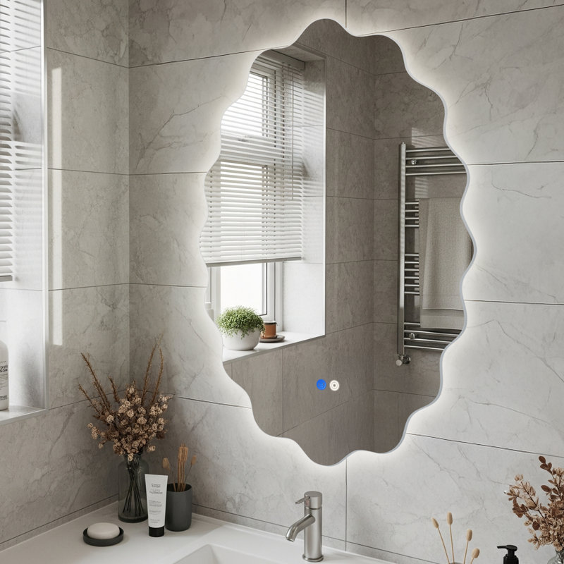 Modern Oval Wavy Led Mirror, Frameless Backlit Wall Mirror For Bathroom Vanity, Dimmable Lighted Mirror With Touch Switch
