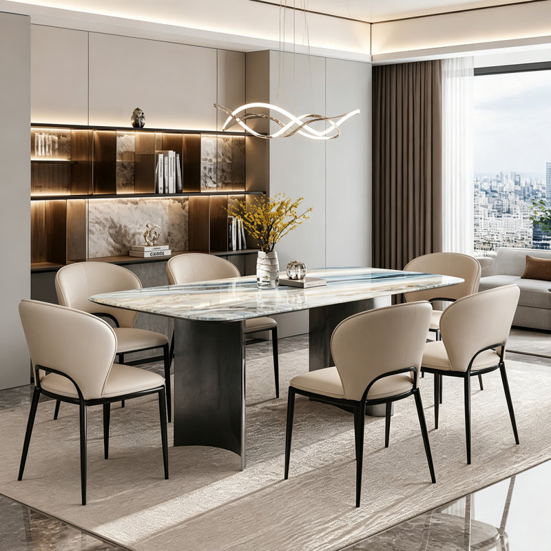 Luxury Modern Sintered Stone Dining Set, 62" Dining Table with Curved Metal Base and 6 Cream Leather Upholstered Chairs for Home