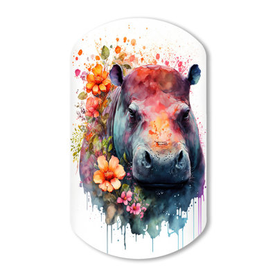 Cute Hippo Floral Art - Asymmetrical Hippopotamus Metal Wall Art, Cylinder Metal Wall Sculpture Print