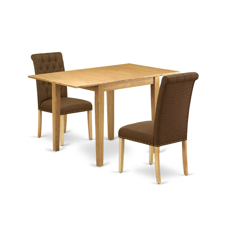 3 Piece Dining Table Set Contains a Rectangle Dining Room Table with Dropleaf and 2 Brown Linen Fabric Upholstered Chairs, Oak