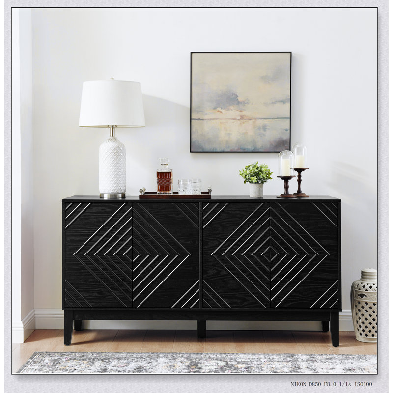 60.5'' Mid Century Modern Buffet Cabinet With Geometric Pattern, Adjustable Shelves, And Fluted Sideboard For Versatile Storage
