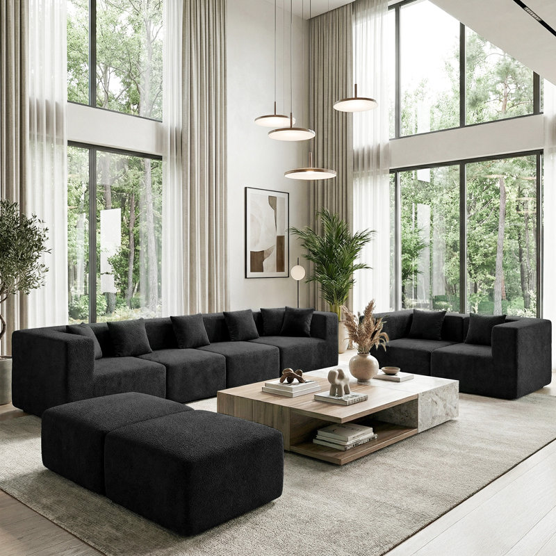 Boneless Cloud Modular Sectional Couch With 8 Pillow,modern 8 Seater Boneless Sofa For Living Room,no Assembly, Black Boucle