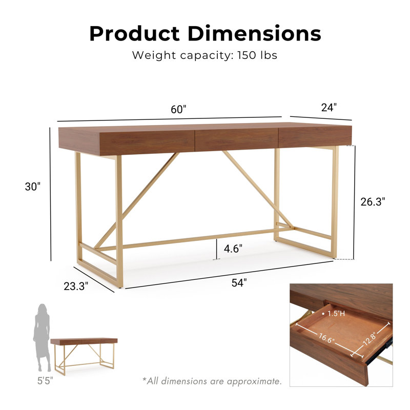 Rania 60''W Metal Base Writing Desk, Light Walnut