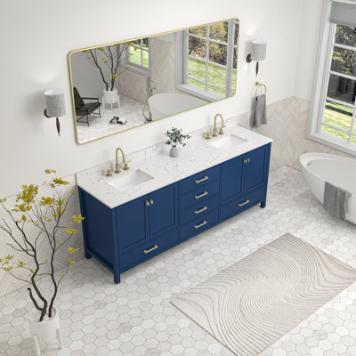 84 Inch Double Sinks Freestanding Bath Vanity With Engineered Marble Top