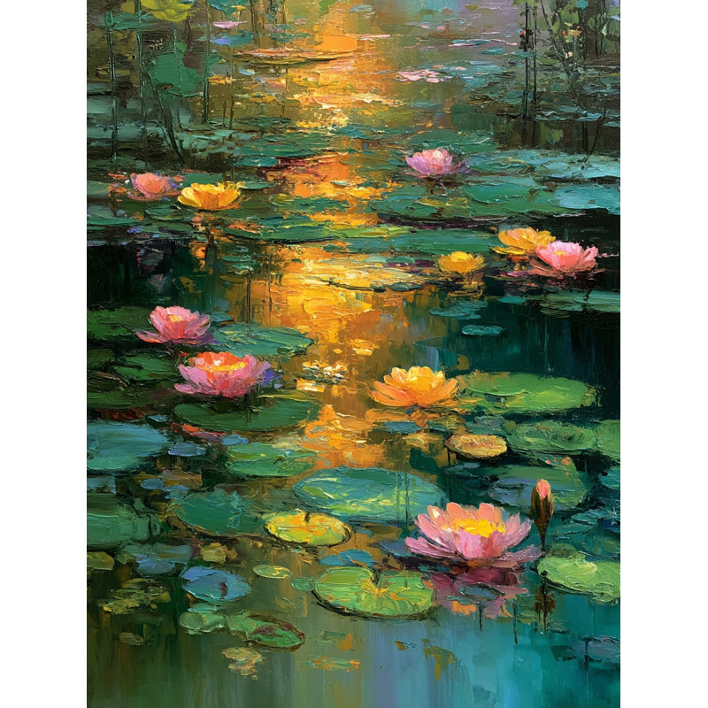 «Golden Reflections Lily Pond», art mural sur toile tendue, H 48 po x l 32 po x P 1,5 po