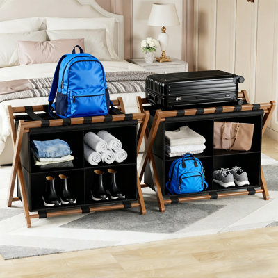 2 organisateurs robustes pour économiser de l'espace, support de valise pliable avec 4 compartiments de rangement, porte-bagages en bambou pour chambre d'amis, capacité de 150 lb, facile à assembler