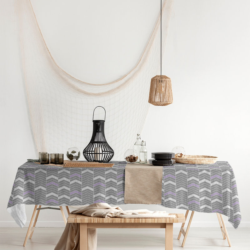 Stephenie Lined Chevrons Tablecloth, Gray/Green/Purple