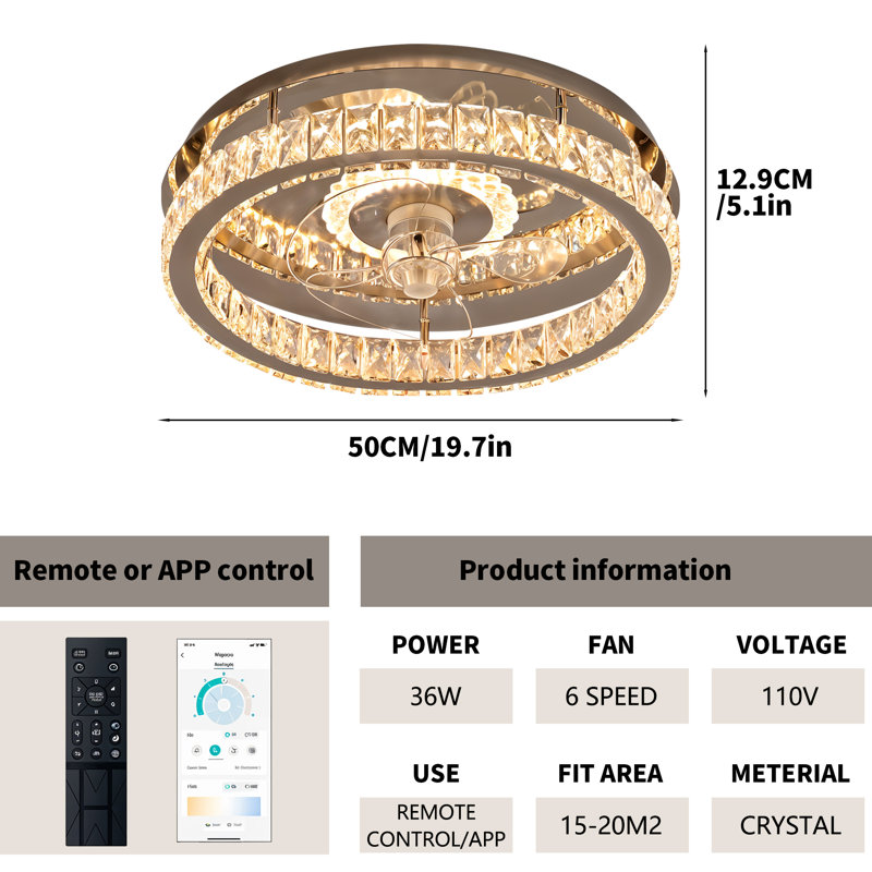 Ventilateurs de plafond avec lumières cristal moderne avec télécommande